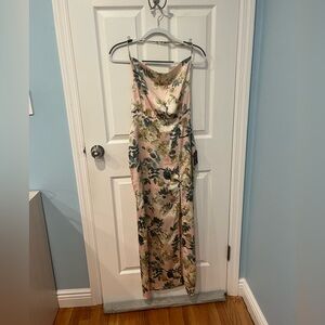 NWT Lulus Pink and Green Floral Maxi Dress with Side Slit and Halter Neck.